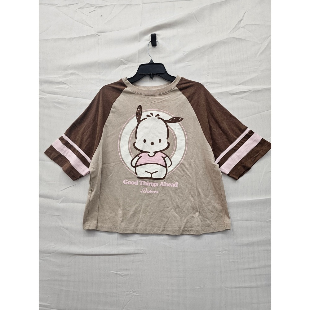 Sanrio Pochacco Raglan T-Shirt Brown Tan Good Things Ahead Graphic Tee Women M
